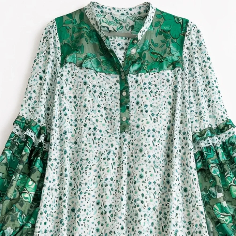 R Vivimos Green Floral Boho Maxi Dress Size L 12/14 Long Sleeve Side Slit - Picture 4 of 5